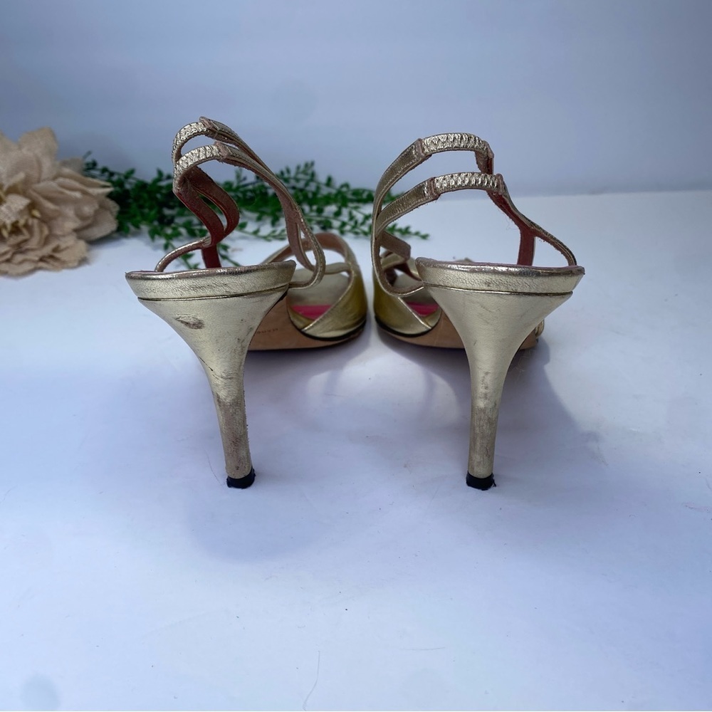 Kate Spade Gold Peep Toe Strappy Sandal Heels Leather Size 8.5M - Picture 4 of 10